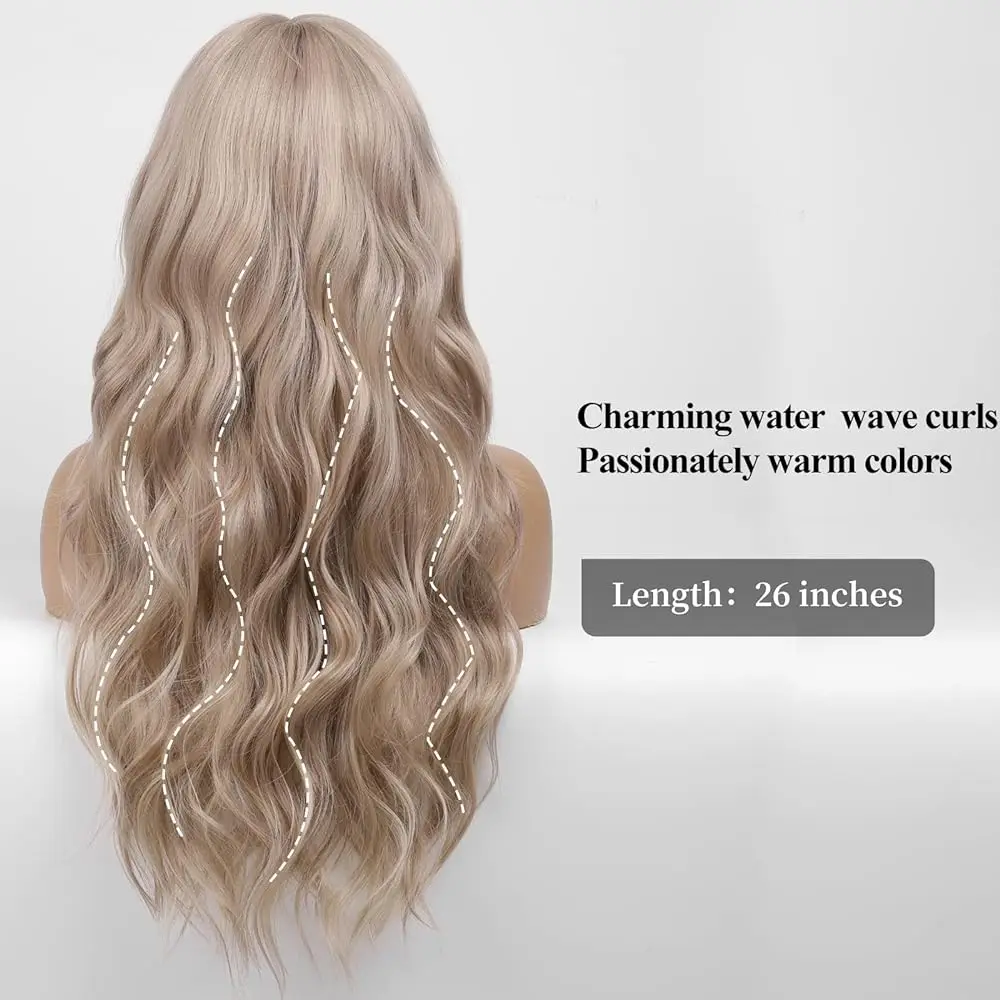 EASIHAIR Asche Blonde Lange Wasser Welle Synthetische Perücken mit Bang Licht Brown Tiefe Welle Haar Perücke für Frauen Täglichen Party hitze