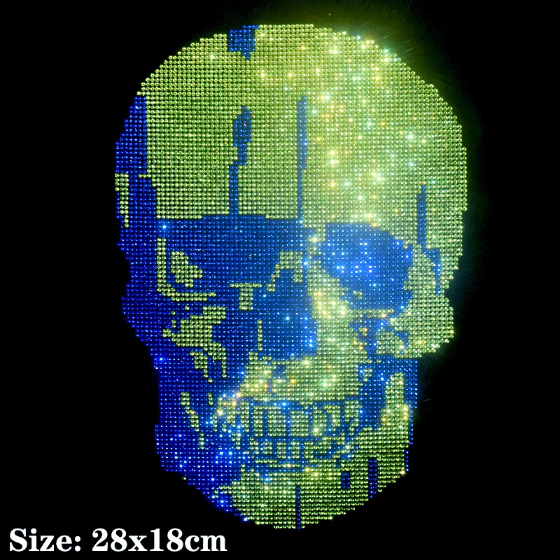 Green Blue Skull Hot Diamond Sequin Iron on Applique Patches Hot Fix Rhinestone Transfer Motifs Transfer on DIY Shirt Dress.