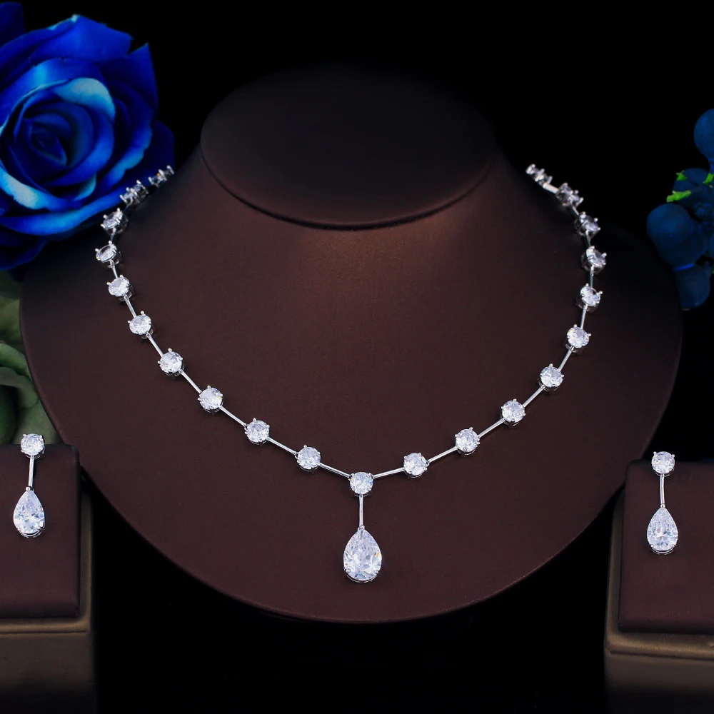 ThreeGraces Simple Glittering Water Drop Cubic Zirconia Wedding Bridal Necklace Earrings Costume Jewelry Set for Women T1027
