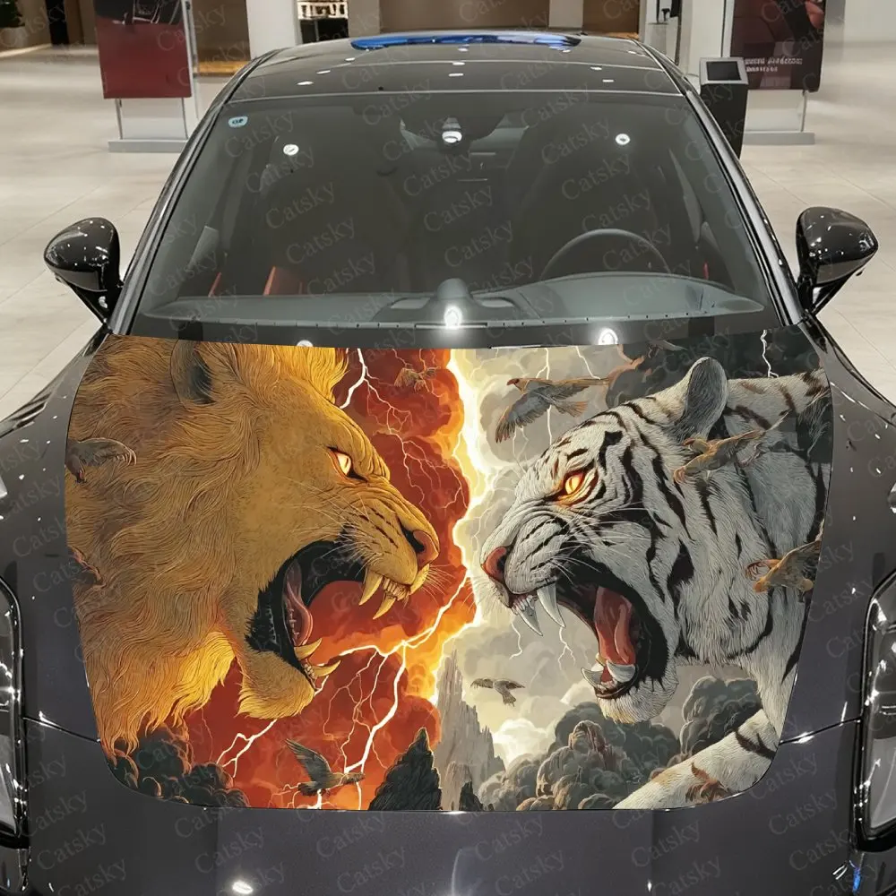 Lion-Tiger Thunder Battle Car Vinyl Wrap, PVC Material Waterproof Car Hood Sticker, Self-Adhesive Scratch-Resistant Stickers for
