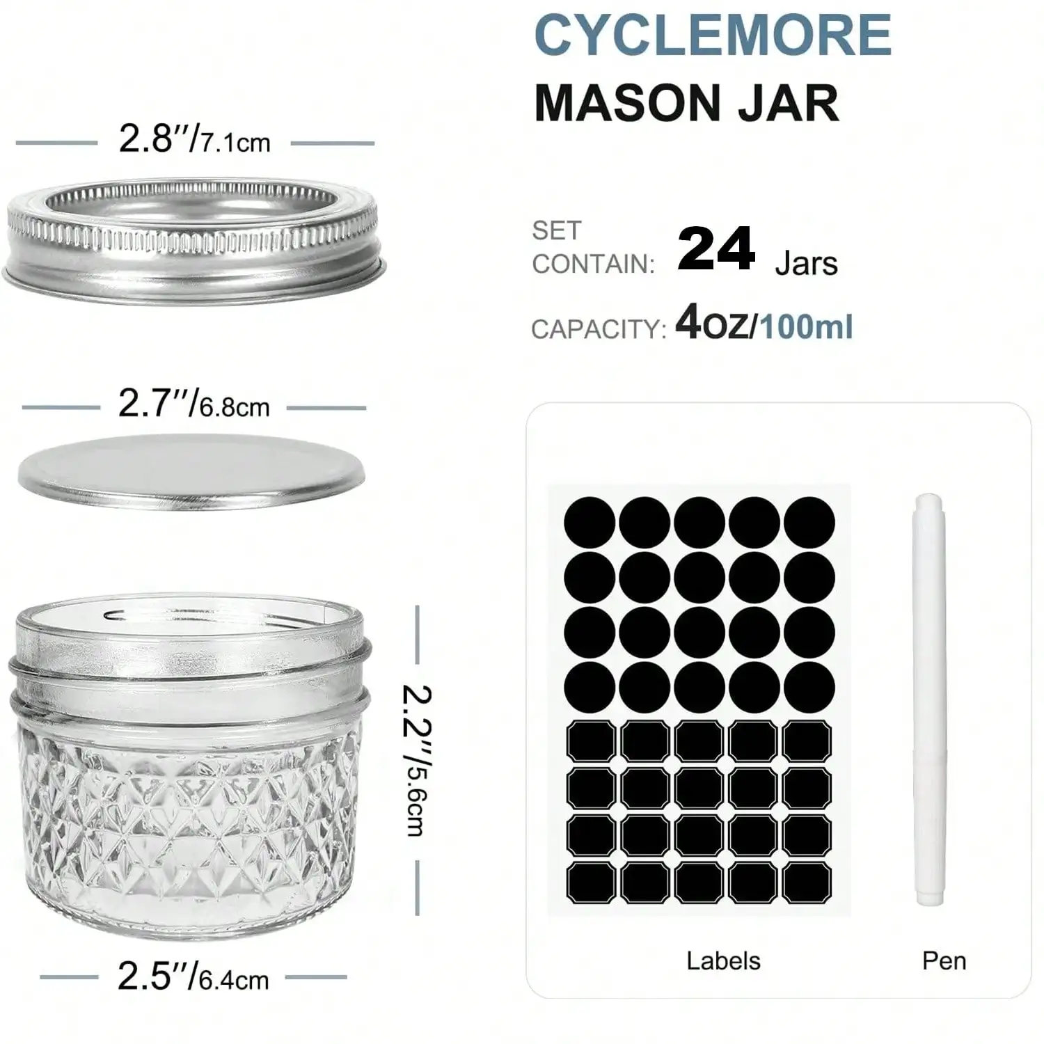 24 Pcs 4oz Clear Glass Mini Mason Jars With Silver Split Lids Quilted Diamond Spice Canning Jars Small Jelly Honey Storage Container Set With Labels Pen For Kitchen Wedding Favors Gift