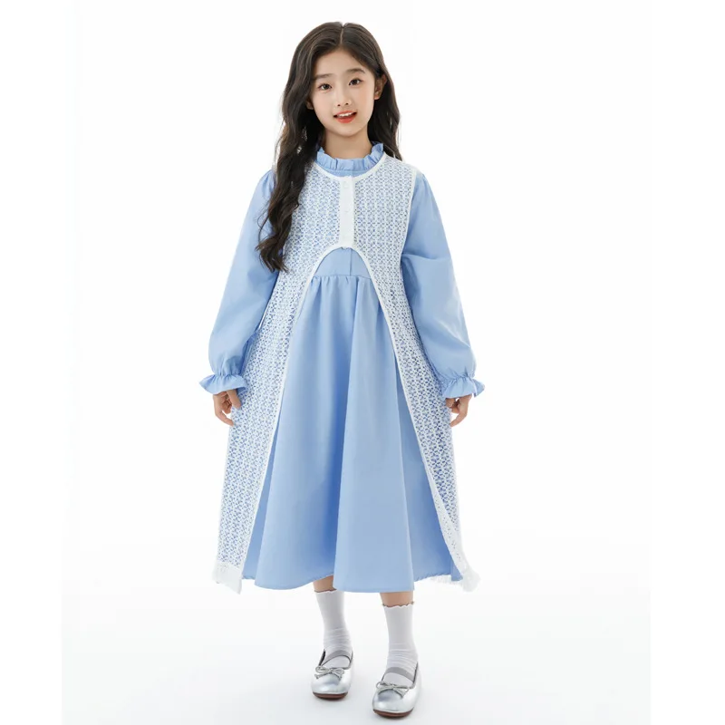 

Junior Girls Two-piece Dress Outfit Autumn Korean Kids Girls Round Neck Puff Dress Teenager Girls Lace Vest Children Girls Sets