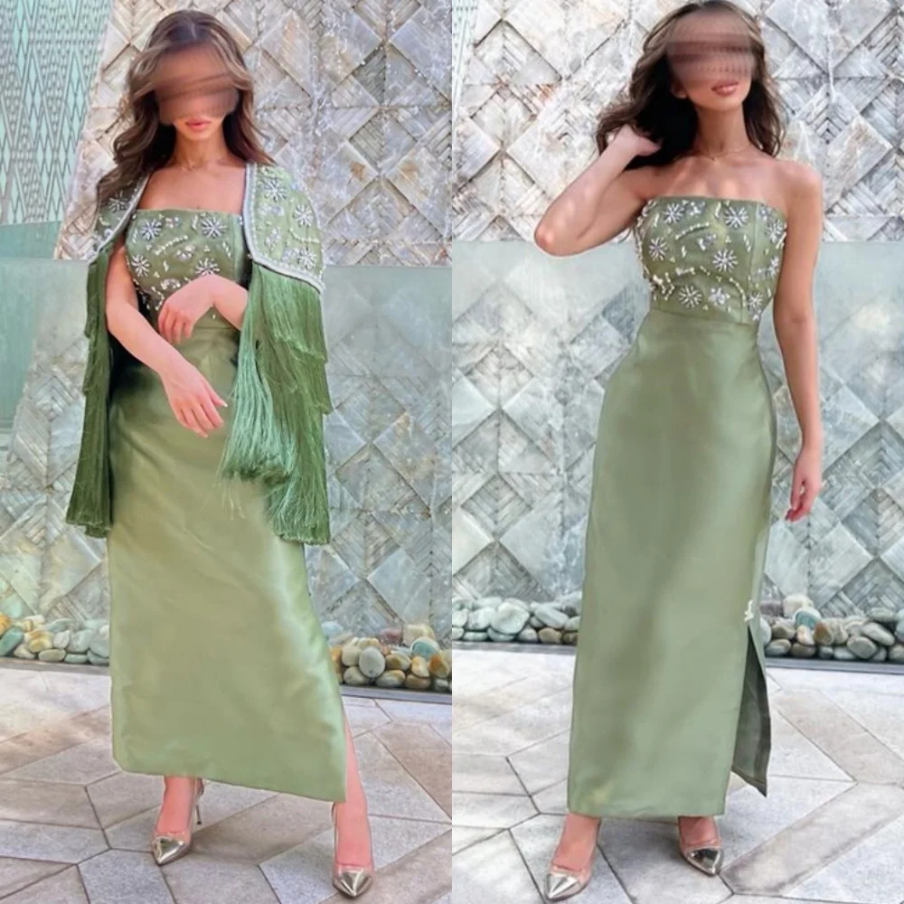 

Customized Elegant Green Satin Party Dresses Simple Strapless Shawl Evening Gowns Luxury Handmade Crystal Tassel Prom Dress