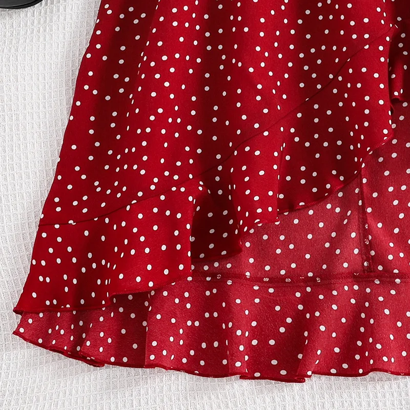 Girls Sleeveless V-Neck Red Polka Dots Dress Elegant Atmospherical Demure Princess Dress For Kids Birthday Premiere Girls Dress