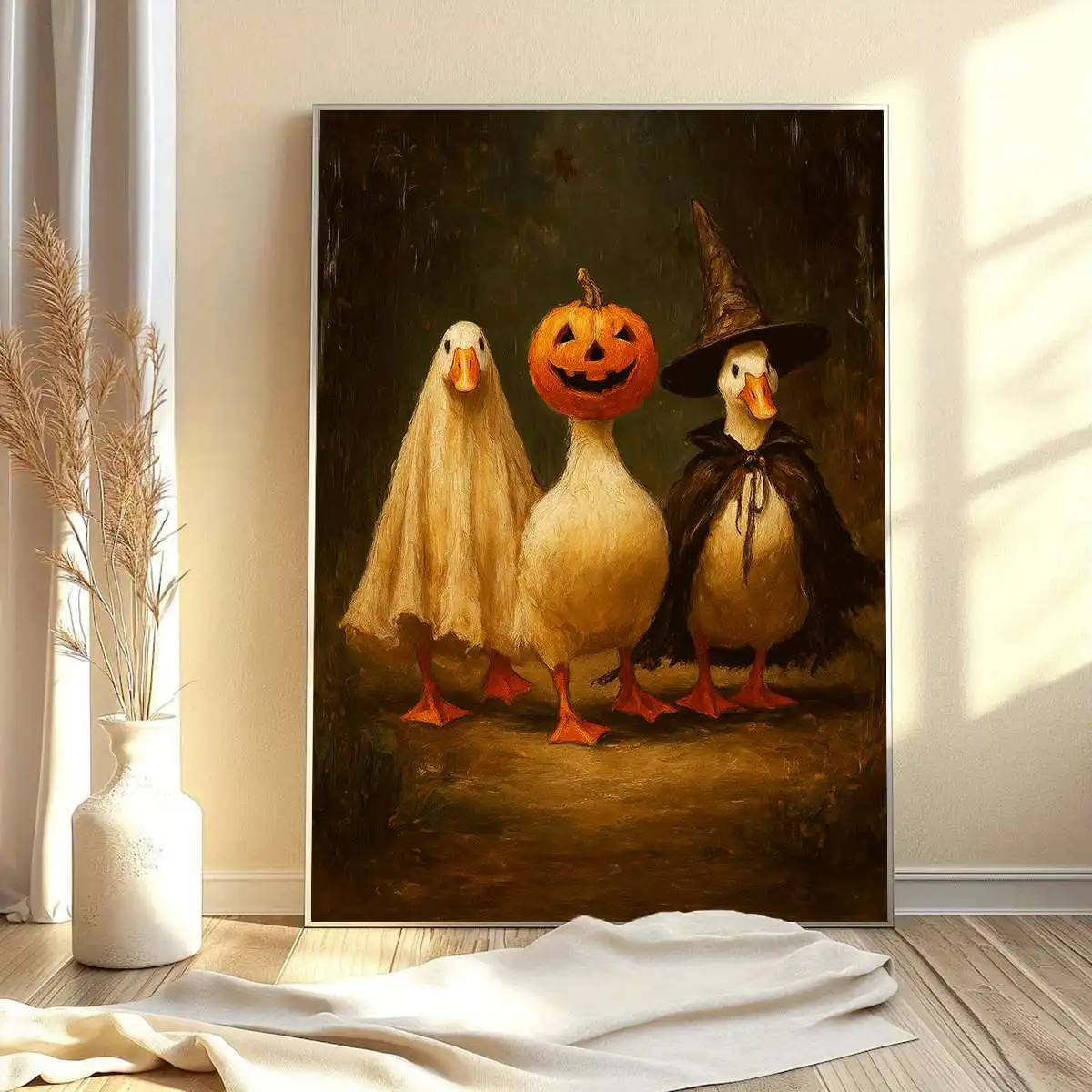 Retro Halloween Duck Art Poster - Ghost Witch Hat Duck with Pumpkin Lantern and Bat, Canvas Wall Decor, Home Decor for Parties