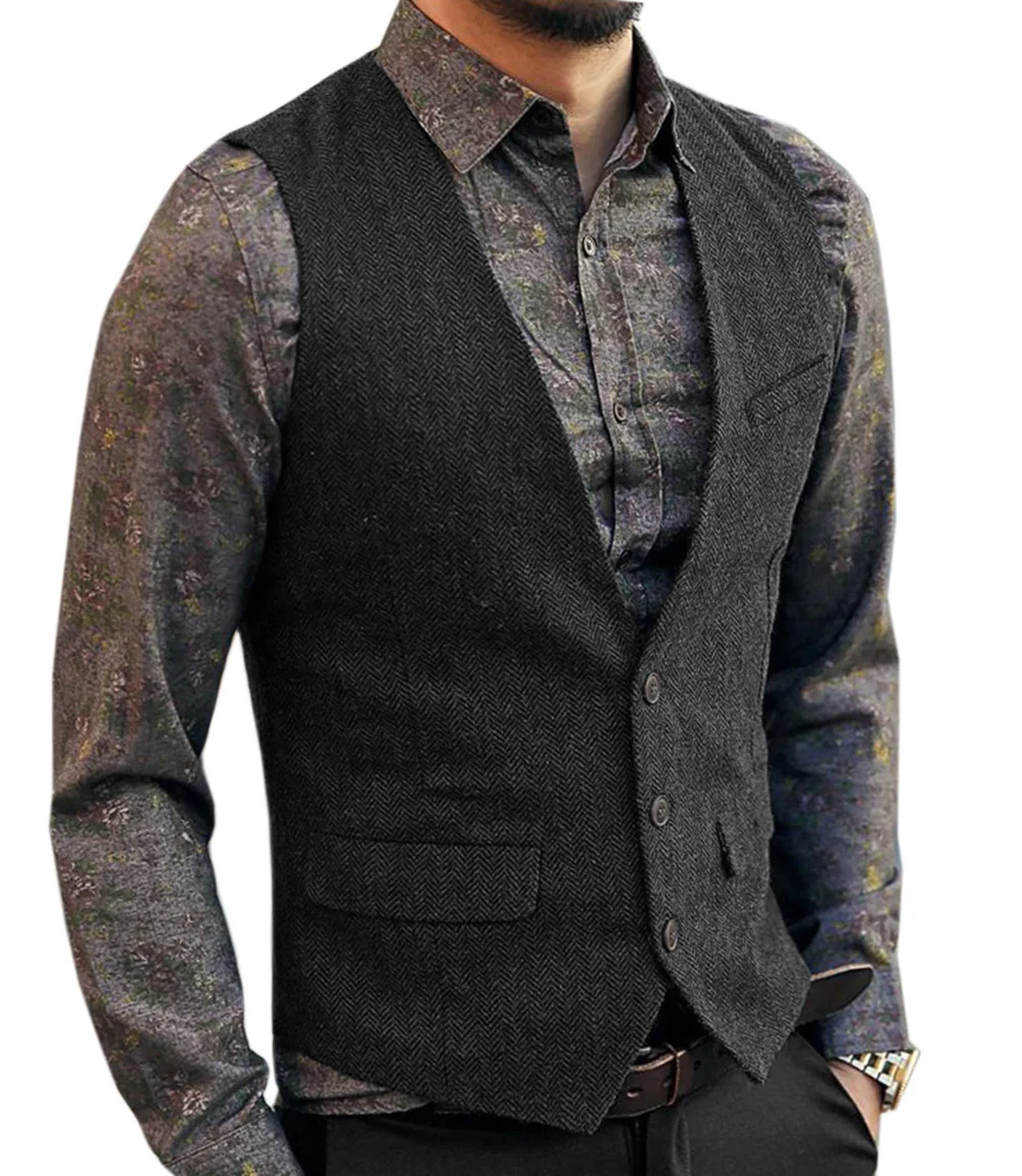 

Men's Herringbone V-neck Suit Vests Fashion Formal Slim Fit Business Dress Waistcoat For Tuxedo Real Pockets