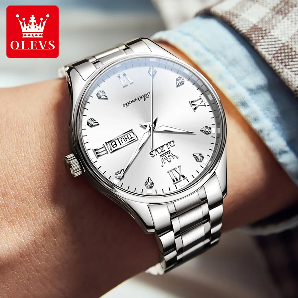 OLEVS Classic Automatic Watch for Men Dual Calendar Simple Diamond Dial Stainless steel Luminous Waterproof Mechanical Watch