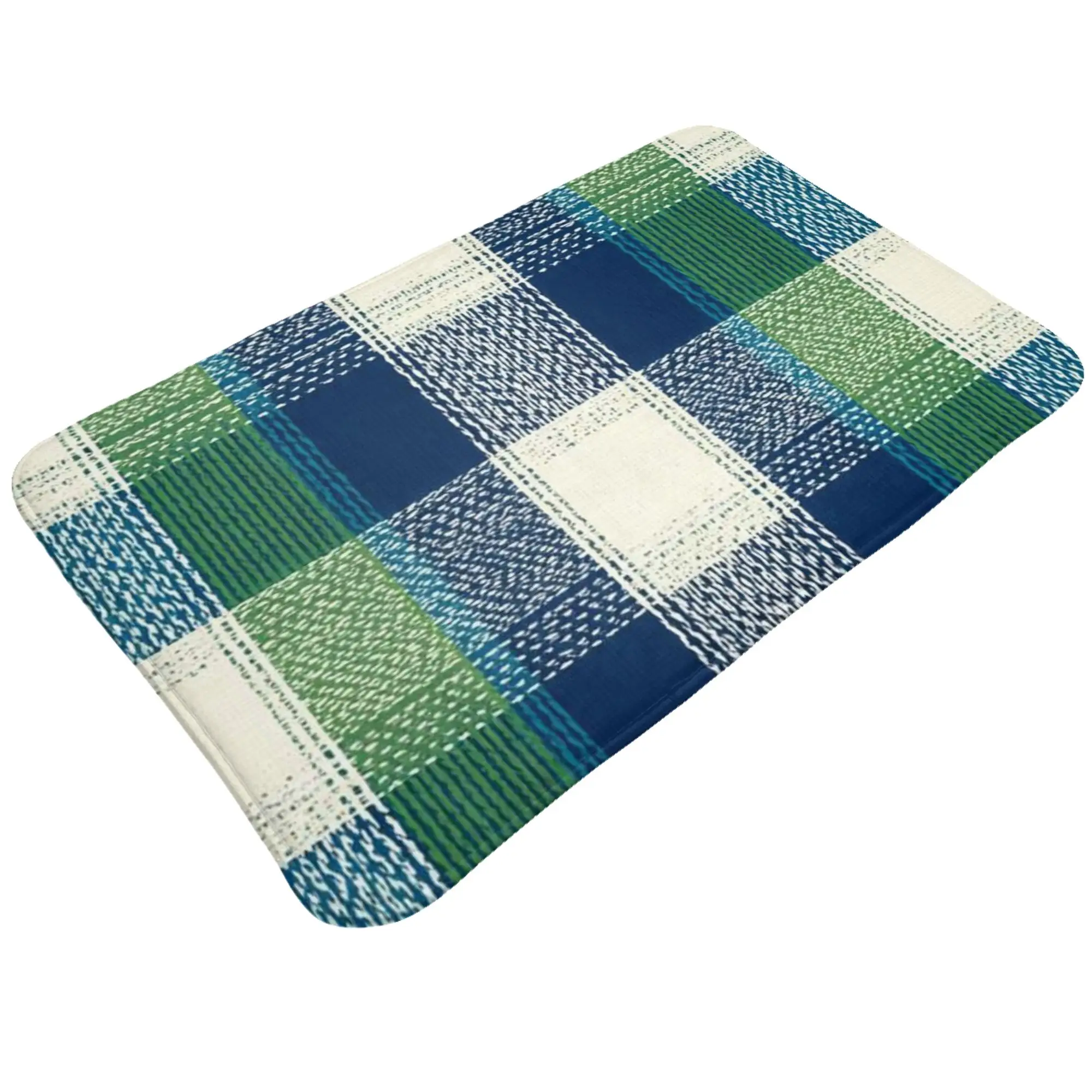Blue Green White Tartan Plaid Texture Anti-Slip Doormat Kitchen Mat  Welcome Indoor Home Decor