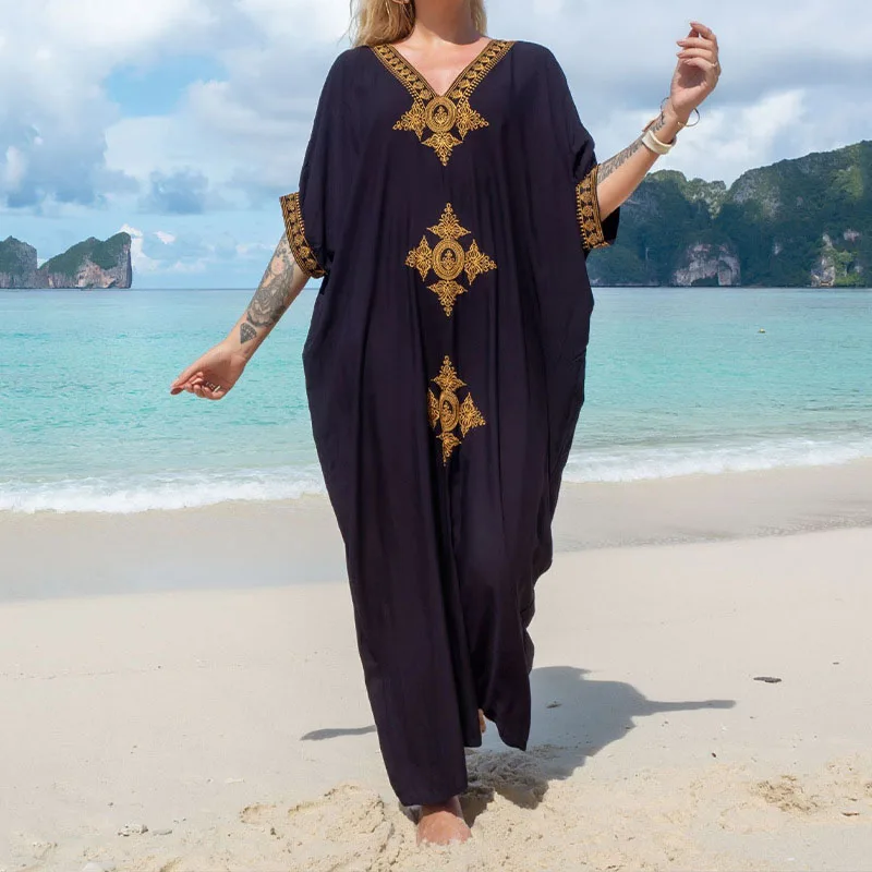 

New Women's Summer Beach Dresses Vintage Loose Golden Embroidery Robe Female Casual V-Neck Comfortable Holiday Dresses Woman