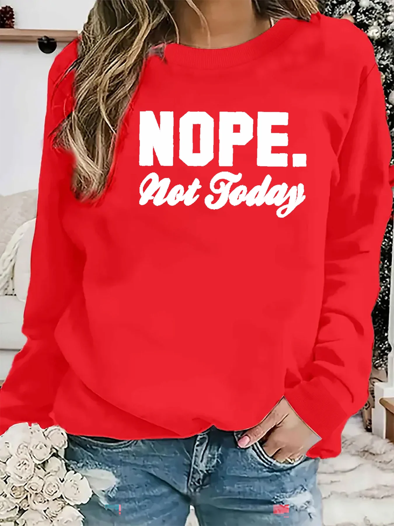 Damen Herbst und Winter lässige Mode locker bequem warm NOPE nicht heute bedruckter Rundhals-Langarmpullover