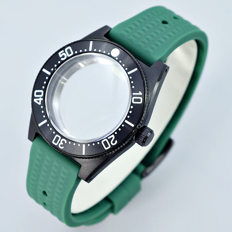 

40mm Diving Black Watch Case Green Rubber band Sapphire For Seiko NH35 NH36/34 Movement 28.5mm Dial Tiger Whale See-through Back