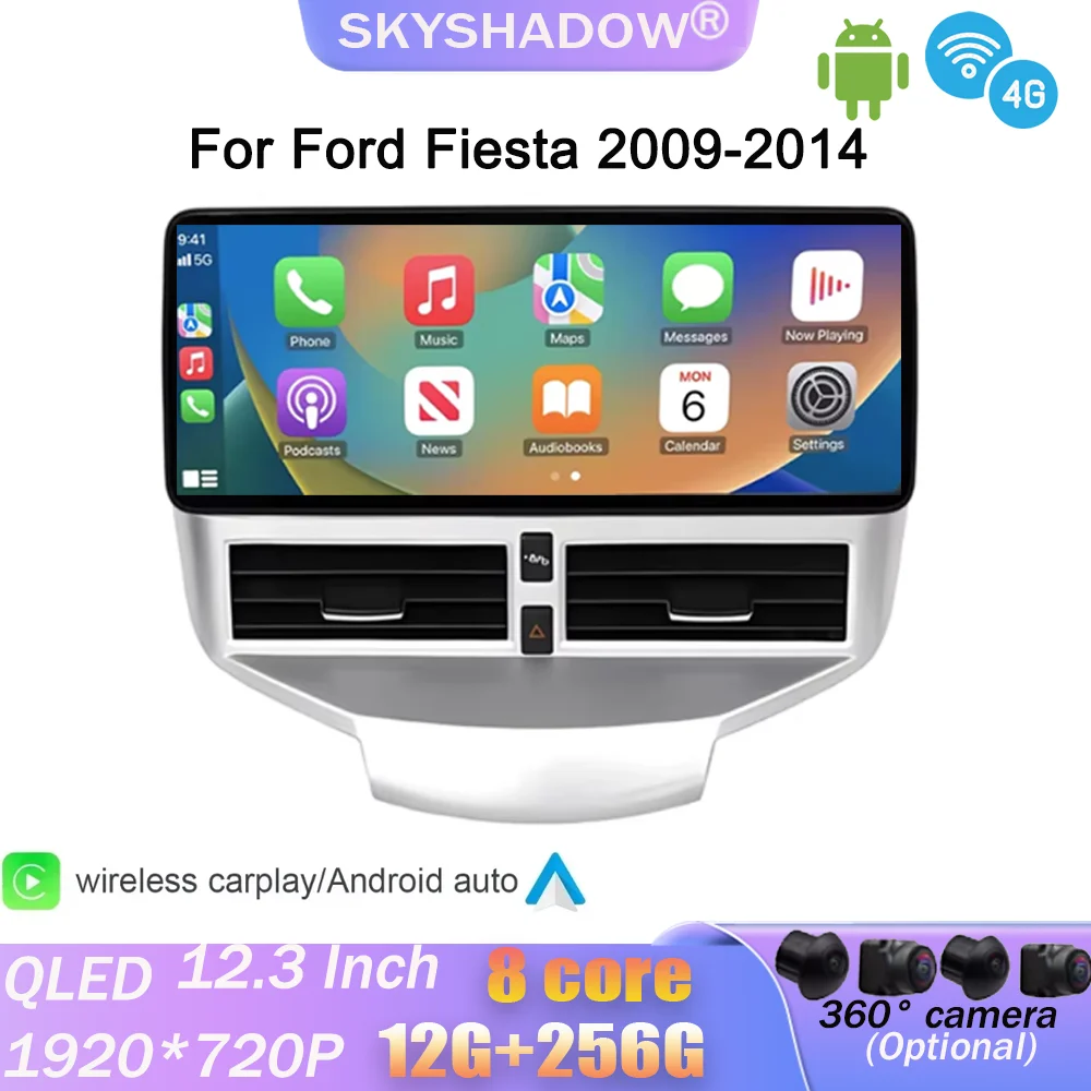 For Ford Fiesta 2009-2014 Car Radio Multimedia Video Player Navigation GPS Android AUTO Wireless CarPlay WIFI 4G QLED Radio BT
