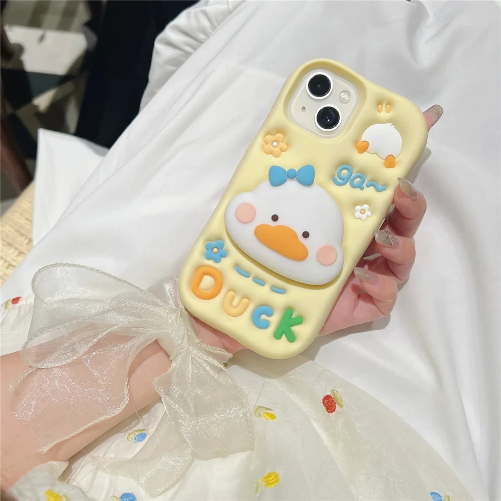 

Cute Cartoon Duck Hidden Holder 3D Soft Silicone Phone Case For iPhone 15 14 13 12 11 Pro Max Sexy Girl Shockproof Bumper Cover