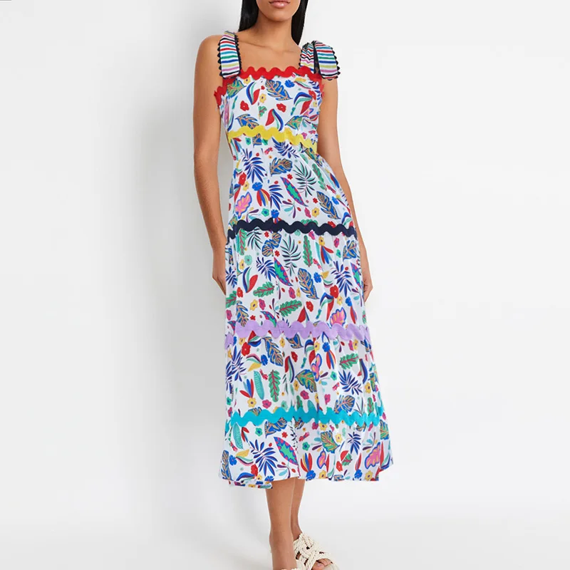 

2025 Summer New Fashion Elegant Printed Tie Square Neck Cover Belly High Waist Elegant Dress Women