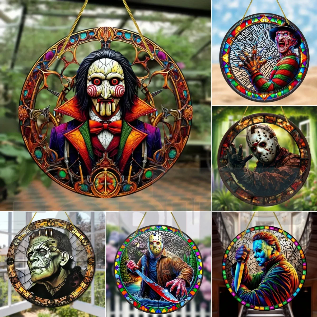 Horror Theme Stained Window Hanging Sun Catcher,Round Acrylic Translucent Sign,Halloween Decor for House,bar,Porch,Patio Garden