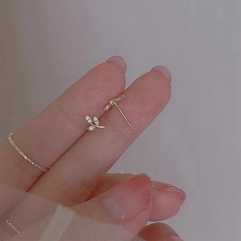 Real 925 Sterling Silver Zircon Leaves Mini Stud Earrings For Women Party Classic Fine Jewelry Small Niche Plant Accessories view 2