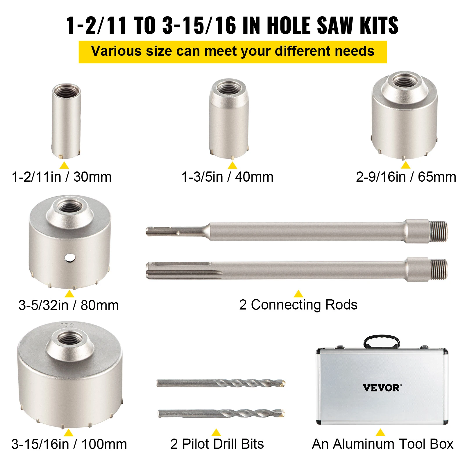 VEVOR Kit Sega a Tazza per Cemento, 30/40/65/80/100 mm Kit Frese a Tazza Set Punte per Trapano SDS Plus o SDS Max con Codolo da 300 mm per Mattoni, Calcestruzzo, Muro di Pietra, Muratura, Piastrelle