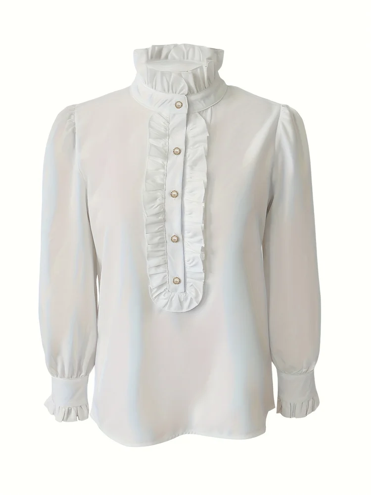 New 2026 Women Autumn Long Sleeve Blouses Elegant Fashion Office Ladies Business Single Breasted Ruffles Shirt Casual White Tops