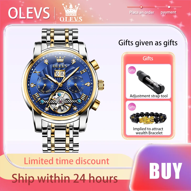 OLEVS-Relógio Mecânico Automático Masculino, Aço Inoxidável, Impermeável, Luminoso, Marca de Luxo, Relógios de pulso Originais