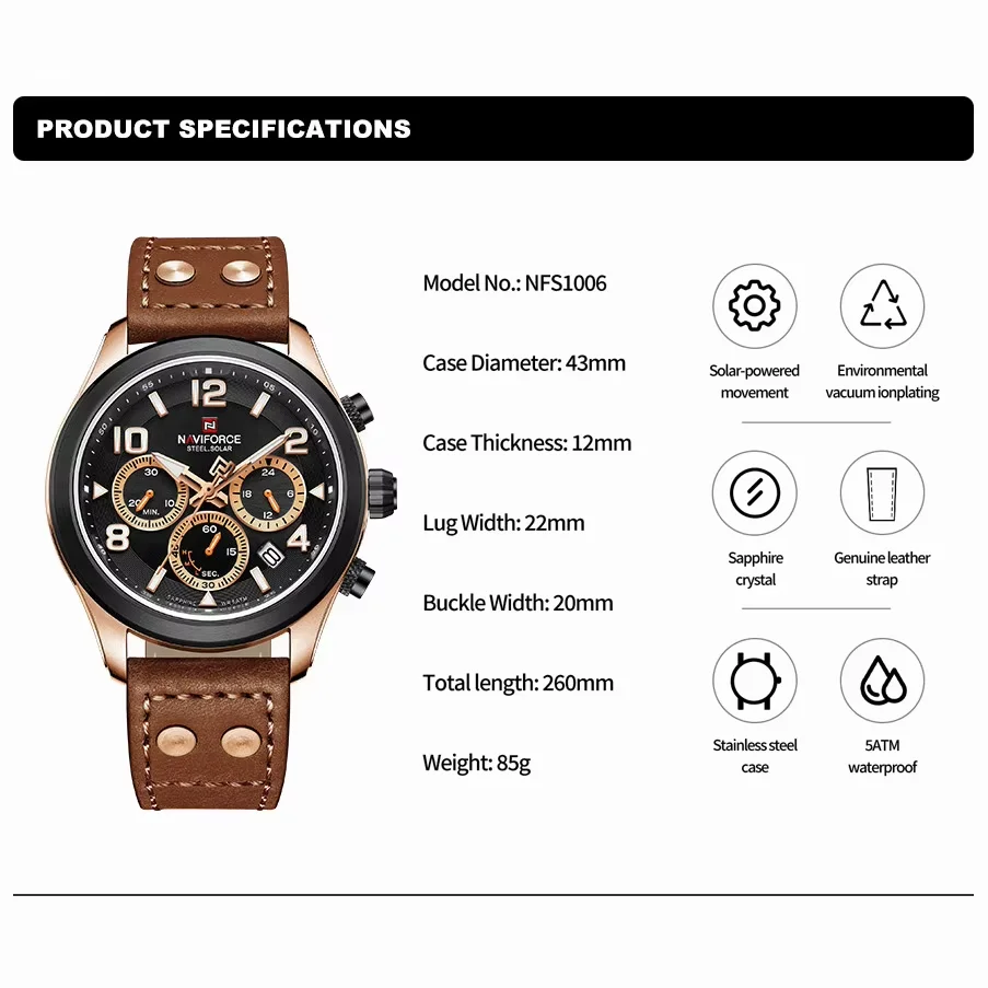 NAVIFORCE Creative 2025 Men's Luxury Eco-Drive Watches Sapphire Stainless Steel 5ATM Waterproof Luminous Quartz Wristwatch 2023