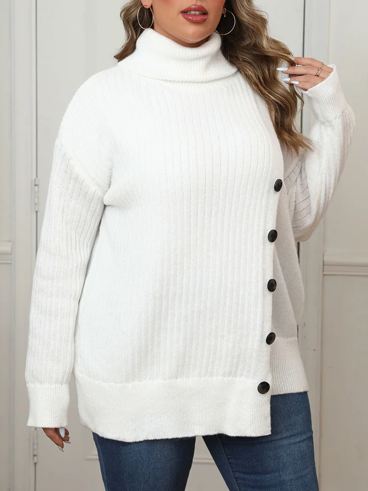 GIBSIE Maglione dolcevita da donna taglie forti Autunno Inverno Bottone con spalla cadente Pullover caldo casual Maglione lavorato a maglia bianco femminile