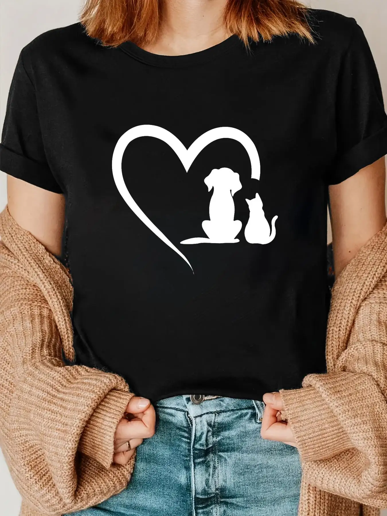Dog Puppy and Cat Heart - Animal Dog & Cat Heart T-Shirt Small Women's Basic T Shirt Crew Neck Short Sleeve Casual Fashion Tops
