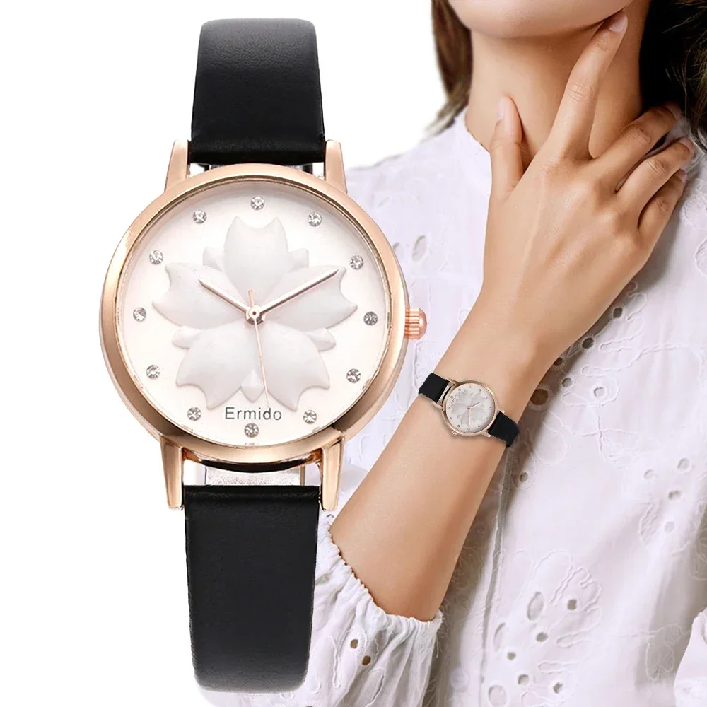 Mode lässig Vintage Leder Frauen Uhren Blumen Zifferblatt einfache Damen Quarz Armbanduhren Roségold Zeiger Frau Uhr Reloj