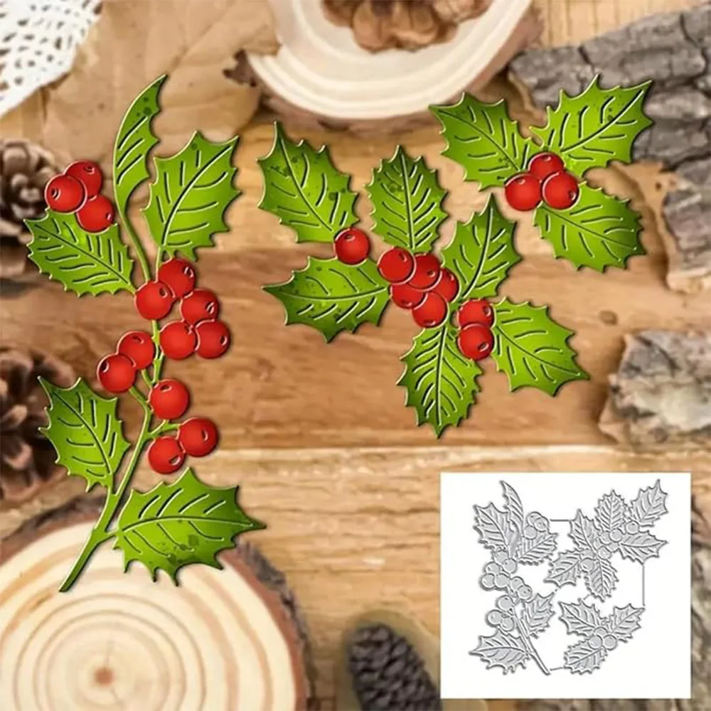 Weihnachtliche Stechpalmenblätter und Beerenzweig Metall-Stanzformen für DIY Scrapbooking Karten Prägung Bastelarbeiten – Detail 1