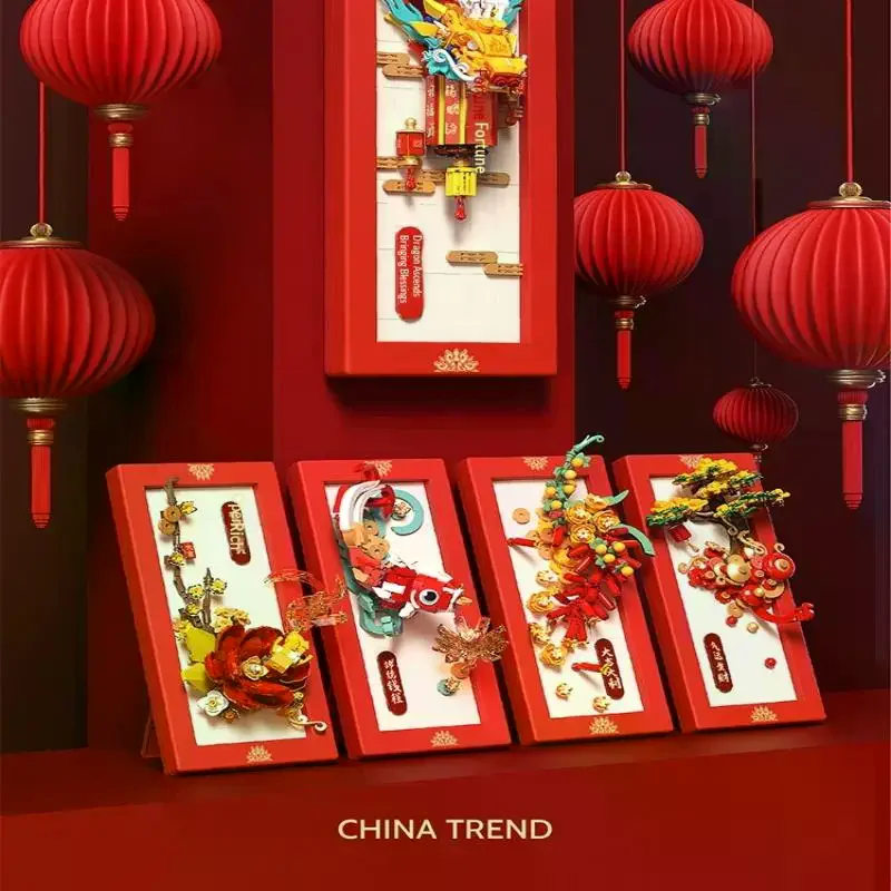 Divertido Kit de bloques de construcción de carpa Koi de dragón en naranja granate, decoración del hogar con temática de Año Nuevo Chino y regalo educativo