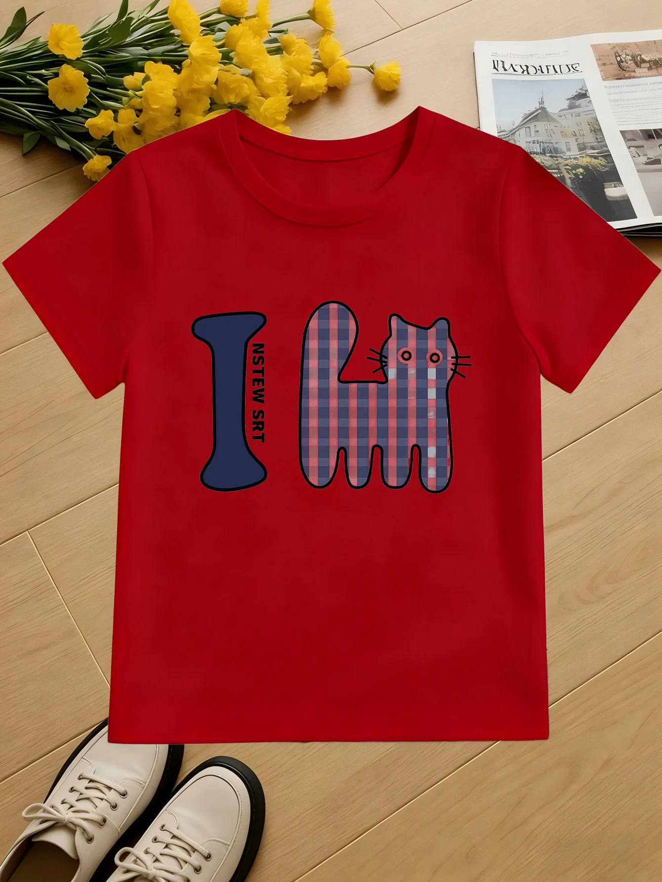 I Love Plaid Cat Kids Tee Cute Cartoon Kitten Print Boys Girls Family Matching Cotton Summer Short Sleeve Basic Children Tshirt