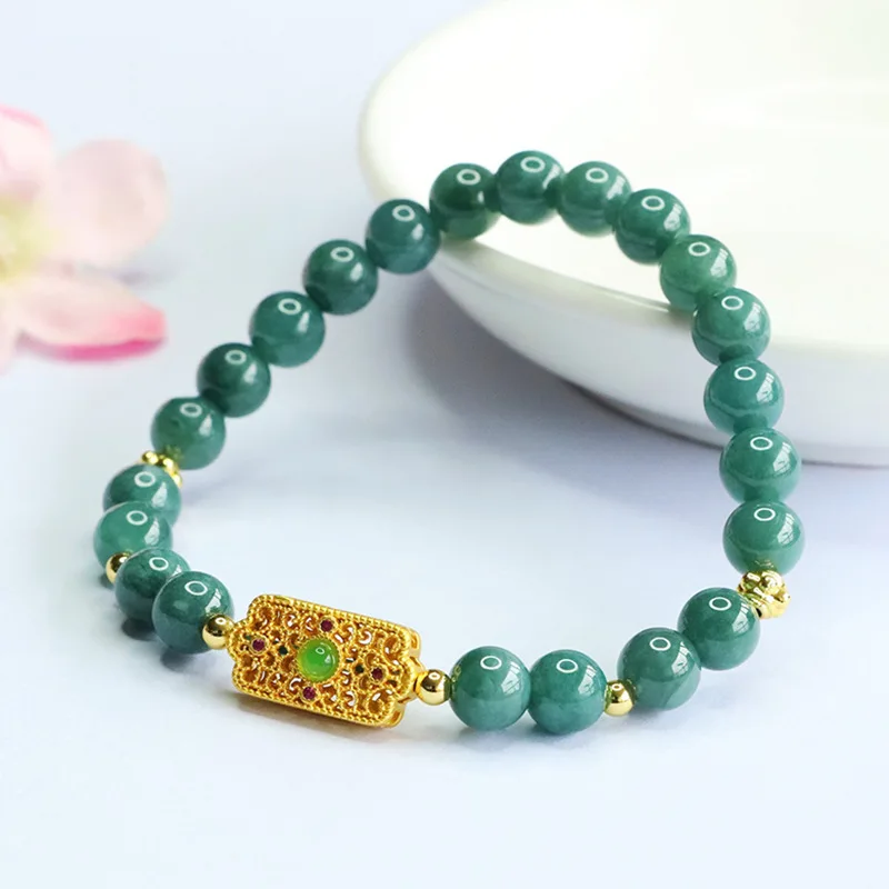 

Serene Blue Jadeite Bracelet - Grade A Natural Jade Beaded Strand with Exquisite Gold-Plated Charm