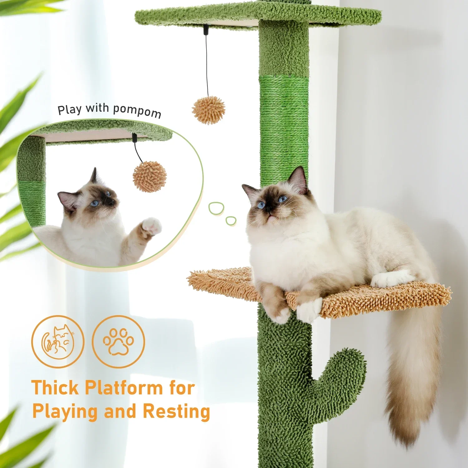 %a Cat Tree 5-Tier Floor to Ceiling Cat Tower Cactus Tall Climbing Tree with Scratching Post Hammock Dangling Ball for Indoor