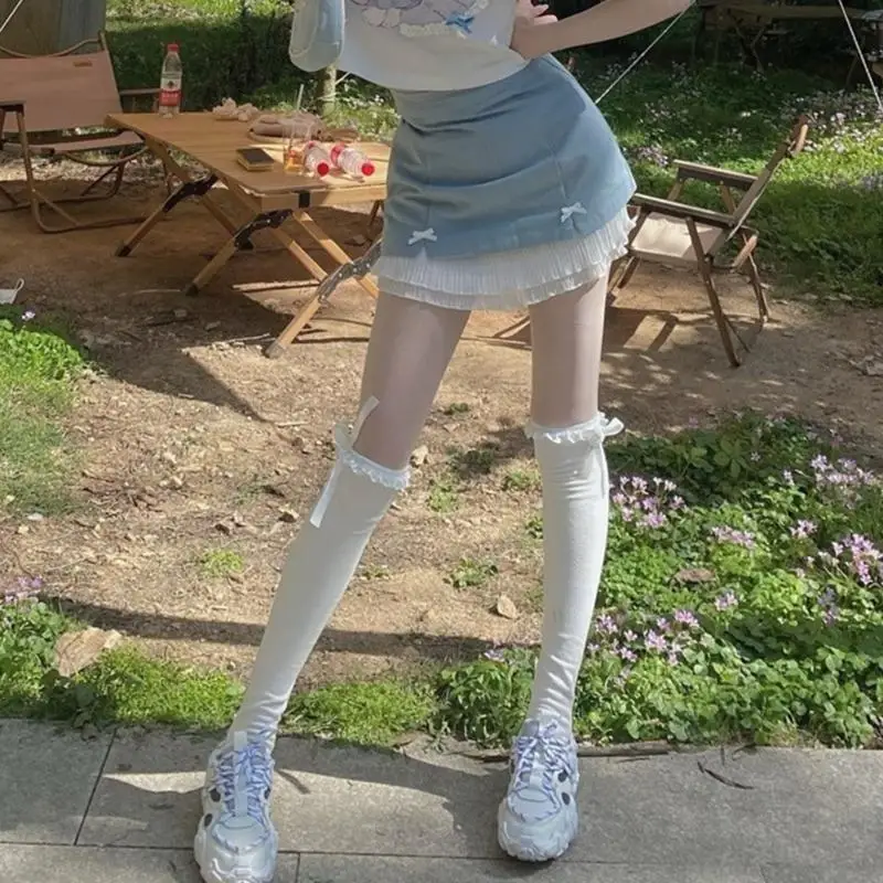 

195E летние гладкие ребристые чулки в балетном стиле с галстуком-бабочкой выше колена, длинные ажурные кружевные милые носки для