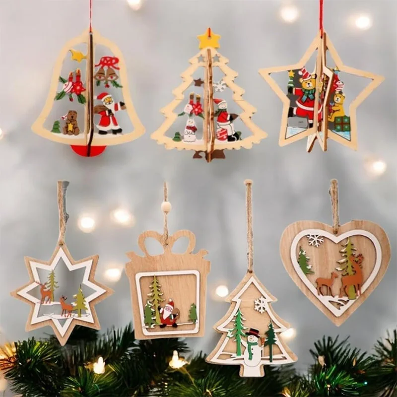 

1Pcs 10CM 3D Wooden Five-Pointed Star Bell Pendant Christmas Tree Hanging Decoration for Home Party Happy New Year Navidad 2025