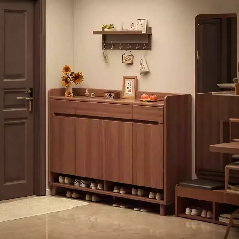 Solid Wood Shoe Cabinet Large Capacity Entryway Storage Organizer Wall Mounted Modern Chinese Style Thickened Shoe Rack for