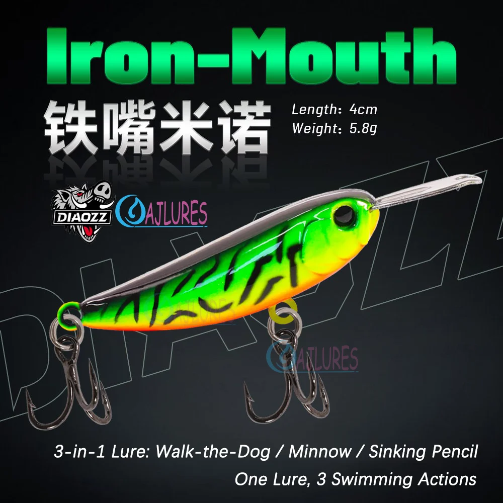 Minnow 4cm 5,8g Iron Mouth Reverse Diving Lip 3-in-1 Angelköder Walk The Dog Sinking Pencil Süßwasser-Salzwasserköder