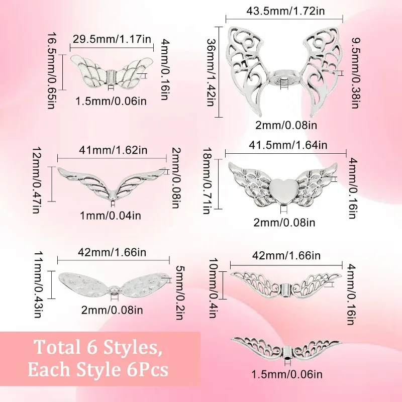 1 Box 36Pcs 6 Style Wing Bead Angel Wing Charms Bulk Guardian Angel Wings Fairy Beads Lucky Tibet Style Alloy Wing Cha