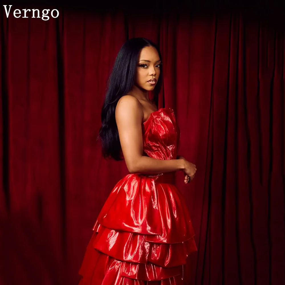 

Verngo Red Shiny Satin Evening Dress Strapless Pleated Ankle Length Formal Dress Liquid Organza Tiered Dakia Moslin Customized