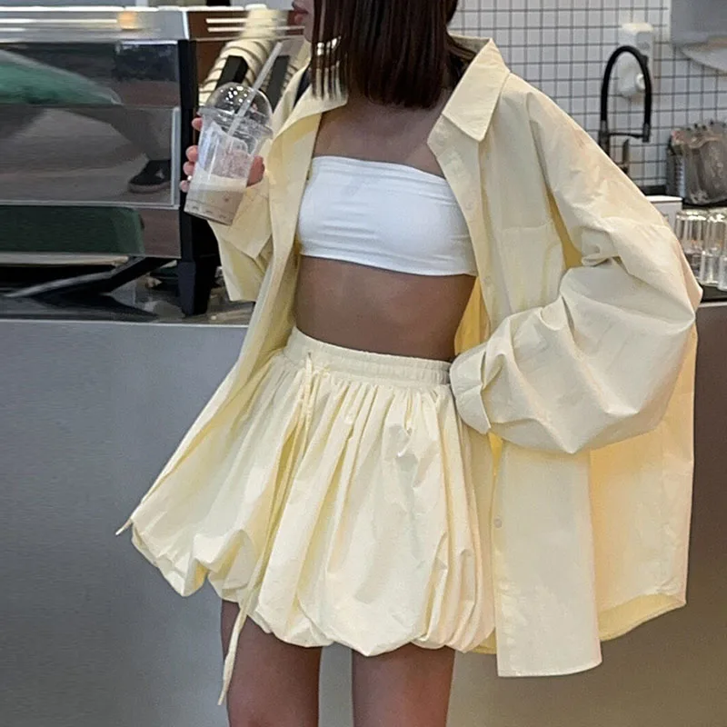 Autumn Vacation Loose Solid Color Outfit Casual Lapel Long Sleeved Shirt and Skirt Women's 2pc Set New Pleated Design Daily Suit
