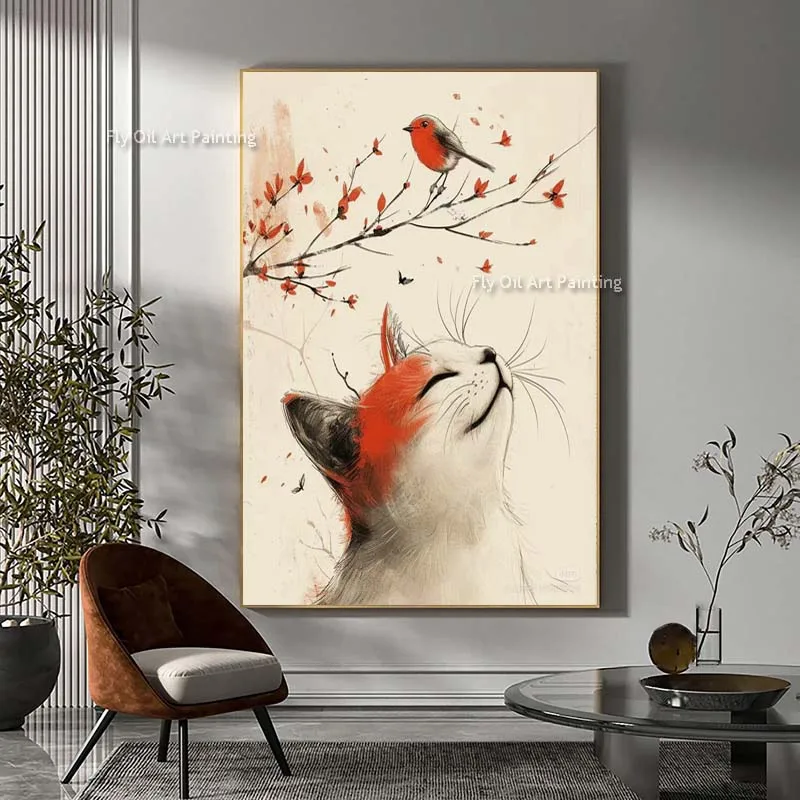 Cute Pet Lucky Cat Oil Painting Hand Painted Bird On The Tree Canvas Painting Animal Landscape  Modern Wall Art For Home Decor