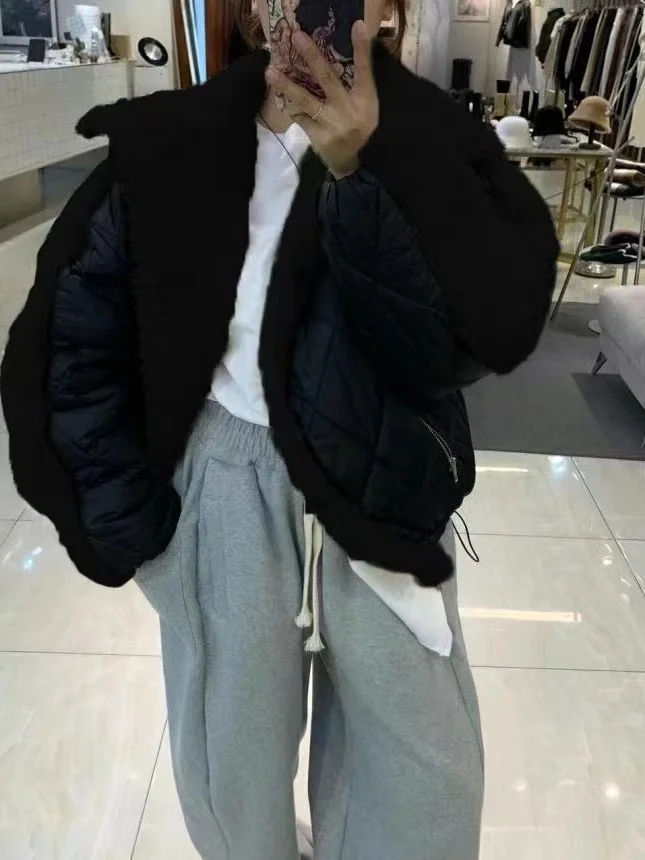 Otoño Invierno piel de cordero empalme algodón Jaet mujeres diseño suelto versátil ropa de abrigo cálida abrigo de moda