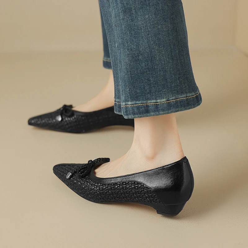 جلد طبيعي Bowknot أشار تو الانزلاق على مضخات مكتنزة كعب منخفض فستان الضحلة أحذية للنساء #5