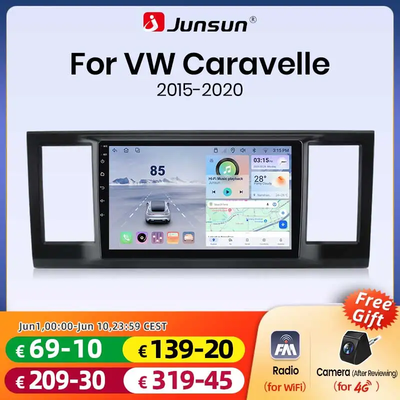 Radio de coche Junsun con CarPlay inalámbrico y Android Auto para VW Volkswagen Transporter T6 Caravelle Multivan T6.1 2015-2020, Android 15, GPS, reproductor multimedia, WiFi, 4G, BT, DSP, RDS, pantalla táctil IPS, autoradio, unidad principal, estilo OEM.
