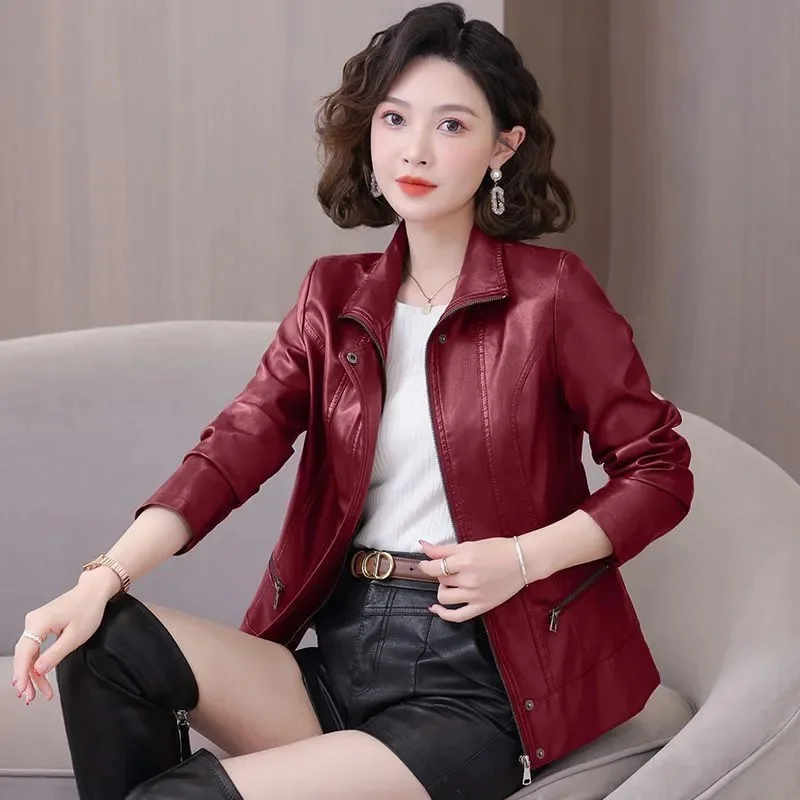Damski płaszcz skórzany 2025 nowa kolekcja wiosna jesień wiatroodporny wodoodporny wysokiej jakości kurtka PU damska krótka odzież wierzchnia modny płaszcz
