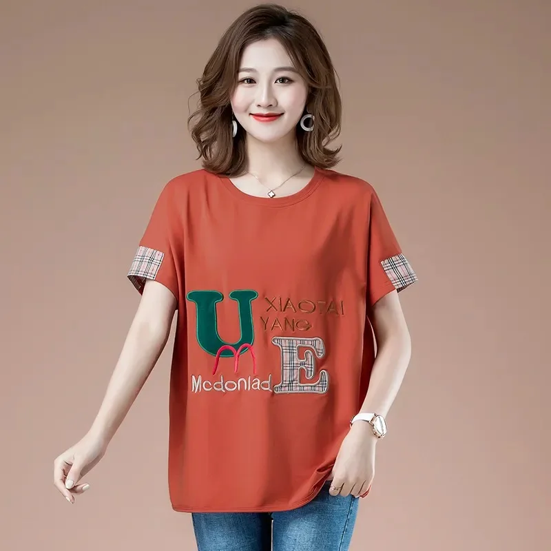 Cotton Short-sleeved T-shirt Women\'s 2025 Summer New Korean Style Stitching T-shirt Round Neck Loose Contrast Color Tops Women