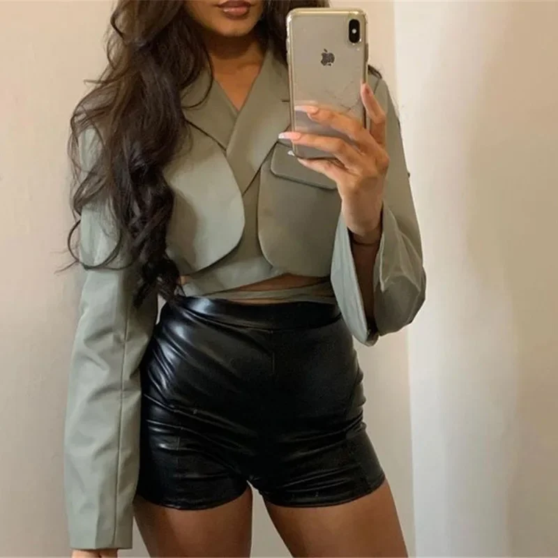 Sexy Long-sleeved Slim Umbilical Strap Short Blouse Suit Women's 2023 Autumn New Trend Solid Color Double-layer Small Suit Women