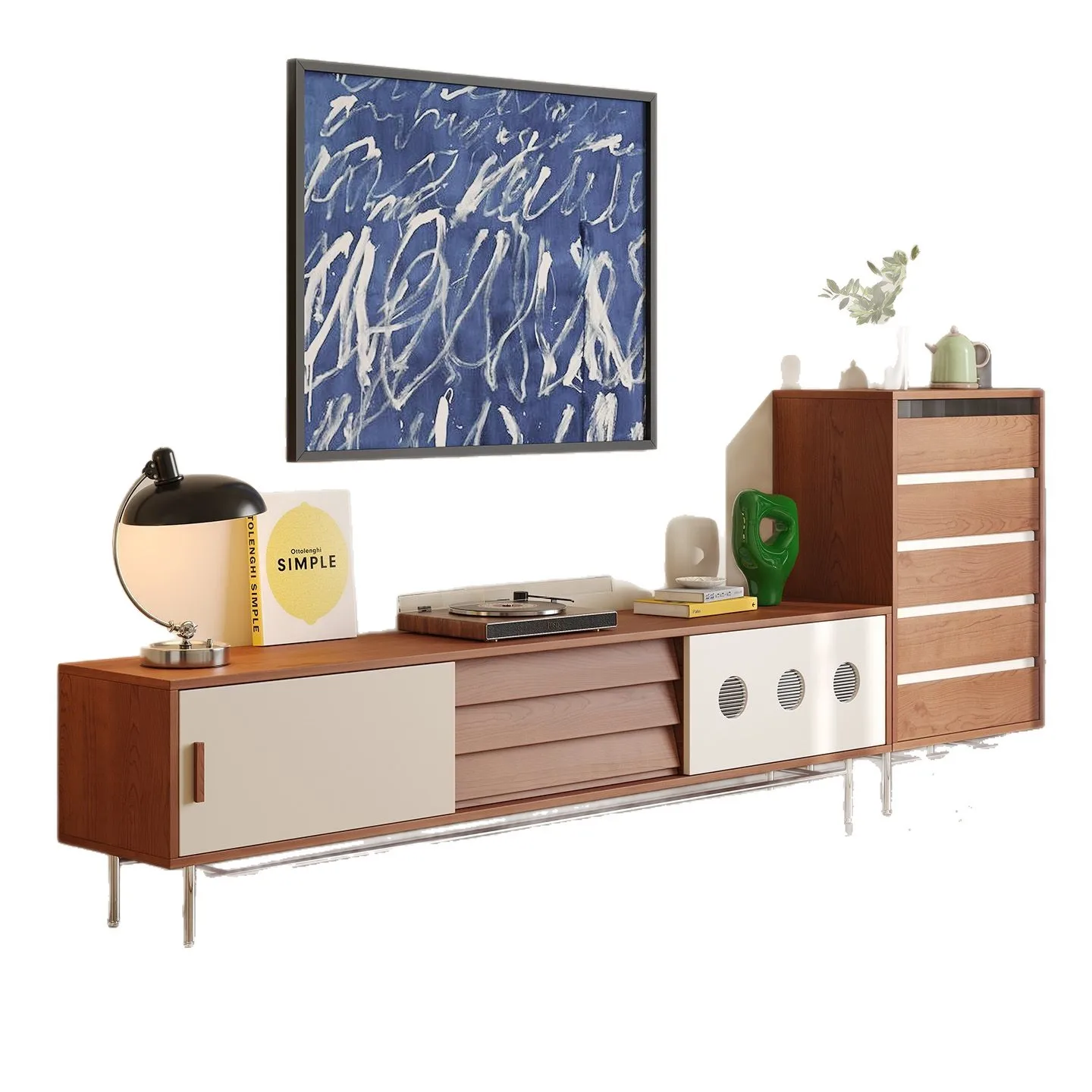 Nordic solid wood storage and storage integrated TV cabinet, living room home modern small apartment color matching TV cabinet