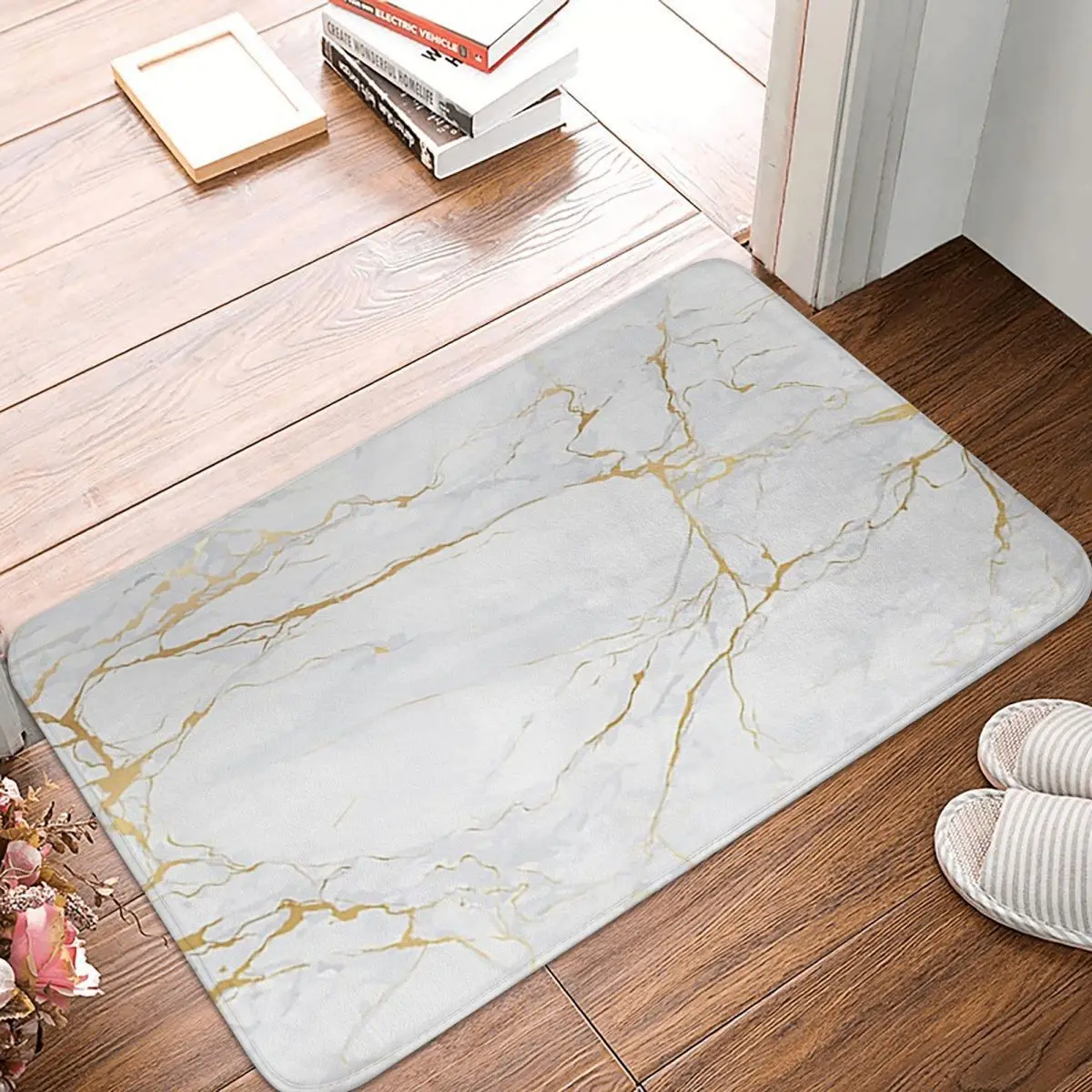 White And Gold Marble Doormat Rug Carpet Mat Footpad Polyester Non-slip Antiwear Front Room Corridor Kitchen Bedroom Balcony