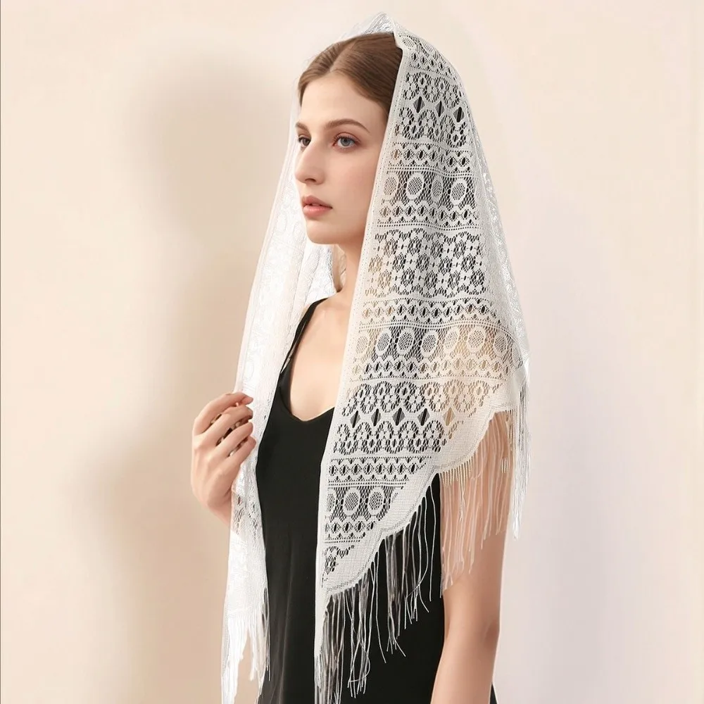 Fashion Polyester Lace Hollow Scarf Embroidery Transparent Tassel Triangle Shawl Pure Color White Mesh Scarves Summer