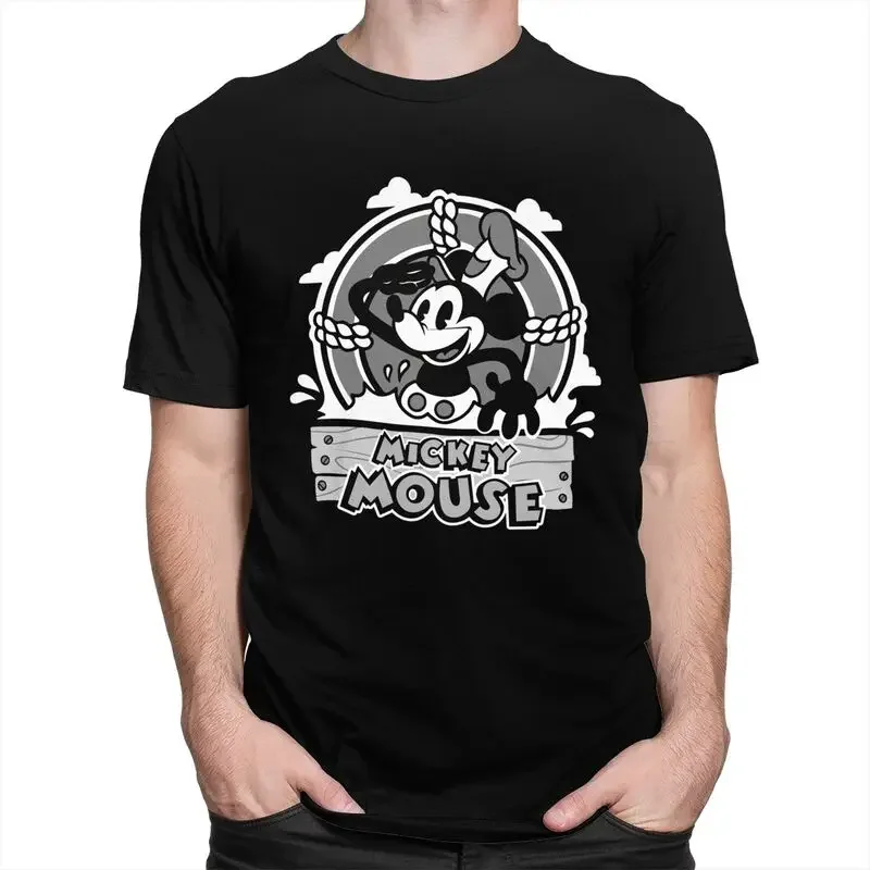 Steamboat Willie Cartoon T Shirt for Men Pure Cotton Tshirt Awesome Tees Short Sleeve Mickey Mouse T-shirts Slim Clothing Gift